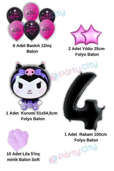 Party City Kuromi Balloon Foil Themed 4Th Birthday Celebration-Happy Birthday Fuchsia Black Balloon-Birthday Party Set