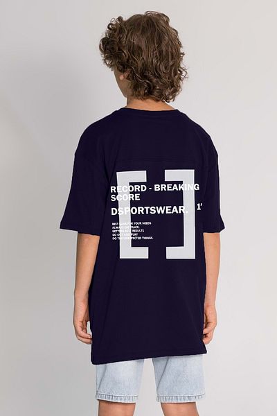 wakawakakidsstore Tricou pentru băiat cu imprimeu în față și în spate cu detaliu de aplicație - bleumarin