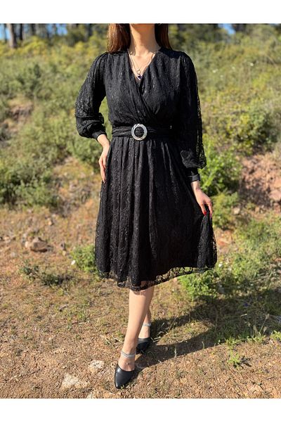 avzem Black Midi Length Double Breasted Neckline All Lace Lined Flared Evening Dress Wedding Engagement Henna Night Invited Dress