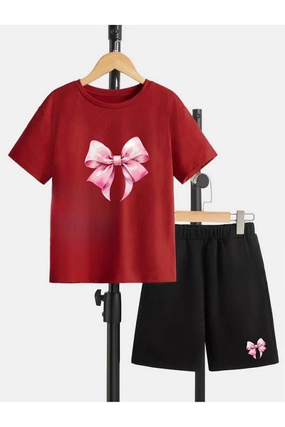 Serays moda Ribbon printed girls' combed cotton shorts set