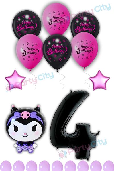 Party City Kuromi Balloon Foil Themed 4Th Birthday Celebration-Happy Birthday Fuchsia Black Balloon-Birthday Party Set
