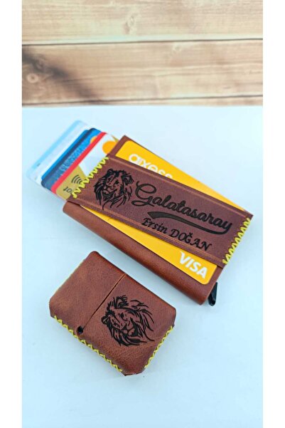 cgderi Kişiye Özel Hakiki Deri Mekanizmalı Kartlık Ve Deri Kılıflı Benzinli Çakmak Galatasaray_