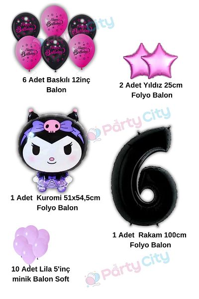 Party City Kuromi Balloon Foil Themed 6Th Birthday Celebration-Happy Birthday Fuchsia Black Balloon-Birthday Party Set