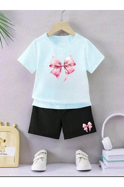 Serays moda Ribbon printed girls' combed cotton shorts set