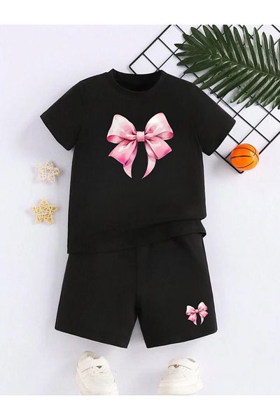 Serays moda Ribbon printed girls' combed cotton shorts set