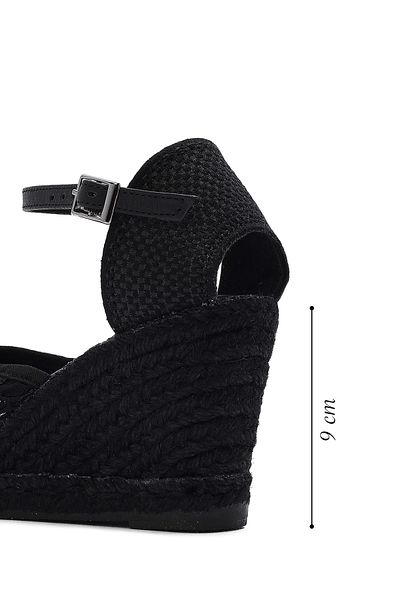 Derimod Women's Black Ankle Strap Patterned Wedge Heeled Espadrille 25Sfd20756F