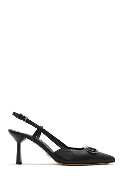 Derimod Women's Black Ankle Buckle Open Back Thin Heeled Leather Shoes 25Sfd 121218