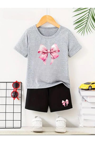 Serays moda Ribbon printed girls' combed cotton shorts set