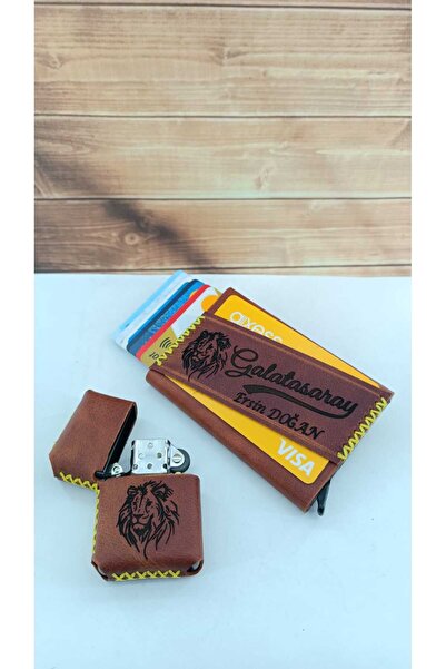 cgderi Kişiye Özel Hakiki Deri Mekanizmalı Kartlık Ve Deri Kılıflı Benzinli Çakmak Galatasaray_
