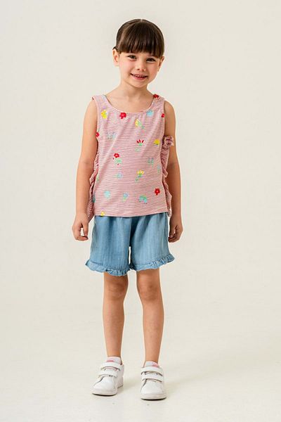 wakawakakidsstore Flower and Line Patterned Strappy Girl's Suit - Red