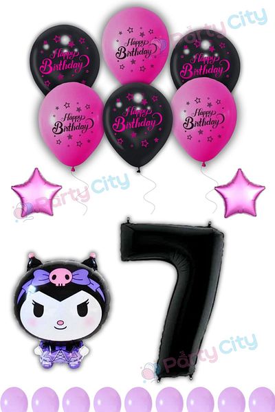 Party City Kuromi Balloon Foil Themed 7Th Birthday Celebration-Happy Birthday Fuchsia Black Balloon-Birthday Party Set