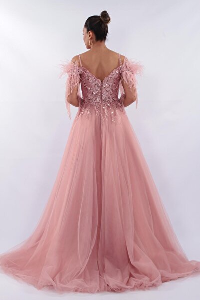 aşkın göksu Pudra Düşük Kol Beden Boncuk Payet İşlemeli Kabarık Kadın Abiye