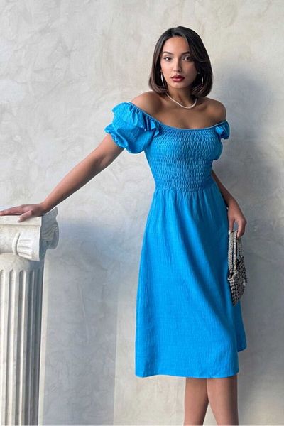 HARVESSE Rochie midi din in, elegantă, cu decolteu barcă