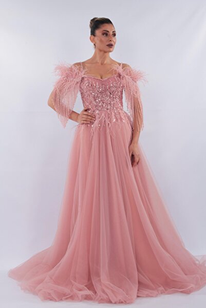 aşkın göksu Pudra Düşük Kol Beden Boncuk Payet İşlemeli Kabarık Kadın Abiye