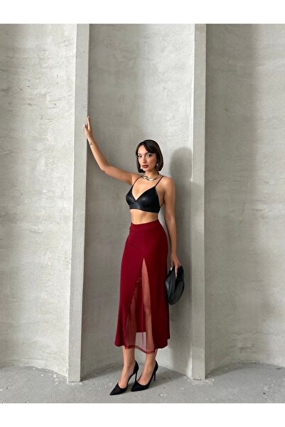 panda core Yırtmaç Detaylı Şık Midi Etek