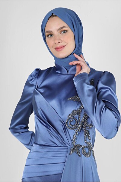 Alvina TAŞ İŞLEMELİ VOLANLI SATEN ABİYE ELBİSE 50359