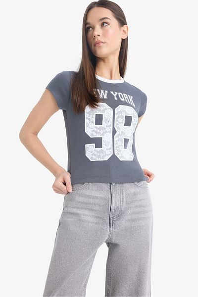DeFacto Coool Fitted Crew Neck Printed Rib Short Sleeve T-Shirt F1446Ax25Sp