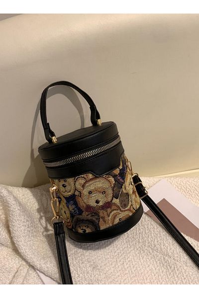 ETG Cute Bear Printed Ladies Zipper Round Bucket Handbag Cross-body Shoulder Bag for Women