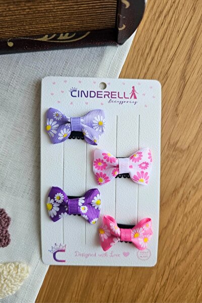 Cinderella 4'lü Çiçekli Fiyonk Saçsız Kız Bebek Tokası 4cm - Kurdeleli Az Saç...