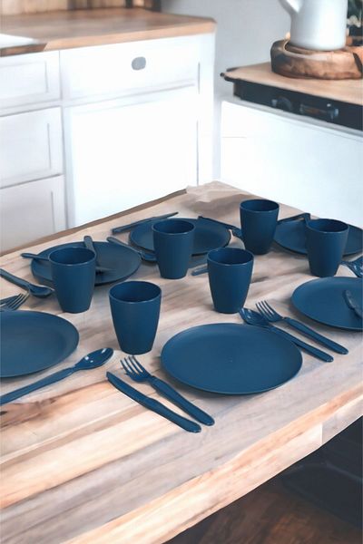 İronika Picnic Set for 6 People - 31 Pieces Plastic Cup and Spoon Knife Dinner Breakfast Set - Navy