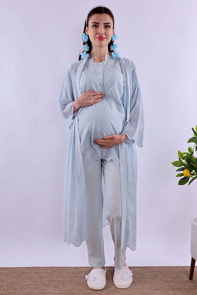 ByLohusa Set de pijama de maternitate cu feston albastru Effortt cu halat