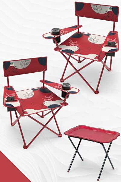Perilla Qufi Katlanır Kamp Piknik Sandalyesi Rejisör Koltuğu 2 Adet + Kamp Sehpası Set - Kırmızı