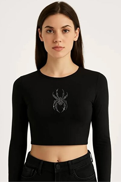 Bozz&Bozz Collection Kadın Örümcek Taş Baskılı Bisiklet Yaka Uzun Kollu Fitil...