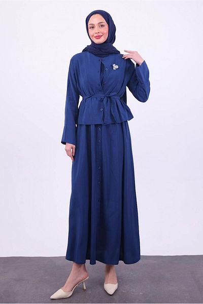 TRENDTESETTÜR Women's Dark Blue Belted Jacket Dress t 5384