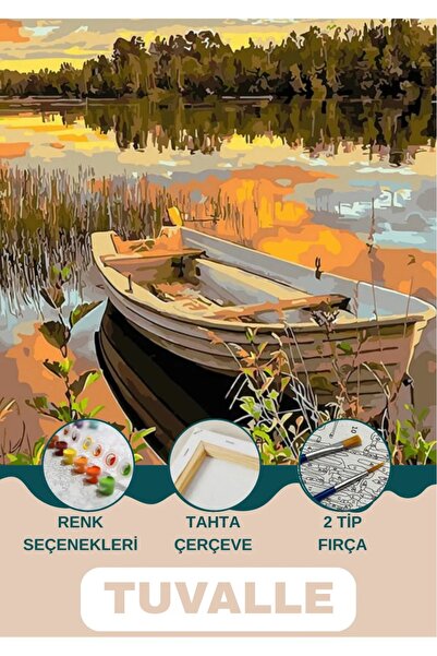 Tuvalle Göldeki Kayık Sayılarla Boyama Seti, Hobi Seti, 40X50 Tablo, Fırça Bo...