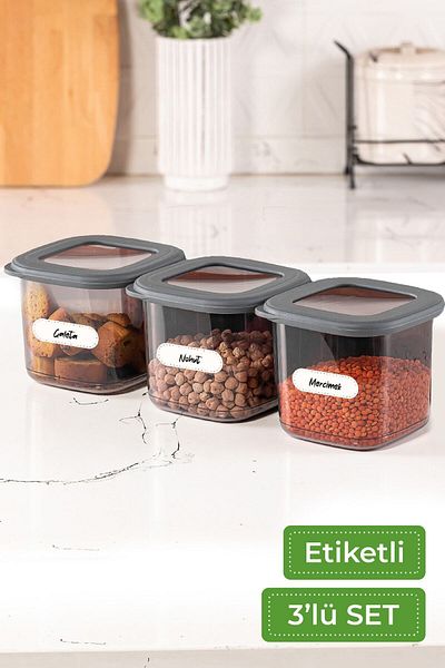 Vienev Square Erzak Storage Container with Foil Label Set of 3 Small Size 3x (0.55 LITERS)