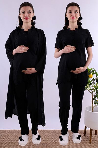 ByLohusa Set de pijamale de maternitate Effortt negru festonat cu halat