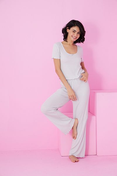 Siyah İnci γκρι Soft Touch Λεπτή Εποχιακή Πλεκτή Πιτζάμα Κοστούμι7869