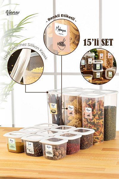 Vienev 15-Piece Foly Square Food Storage Container with Colorful Labels 9x (0,55 Liters) 6x (1.75 Liters) White
