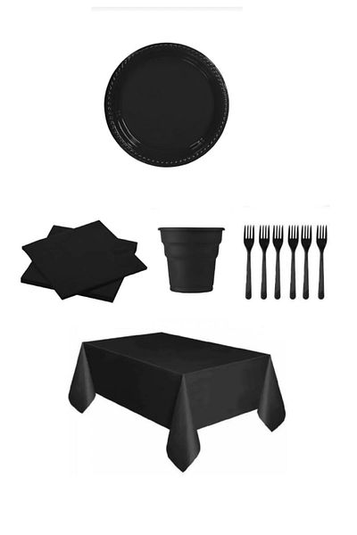 Zanzibar Black Color Plastic Plate, Cup, Fork, Napkin and Disposable Tablecloth Set