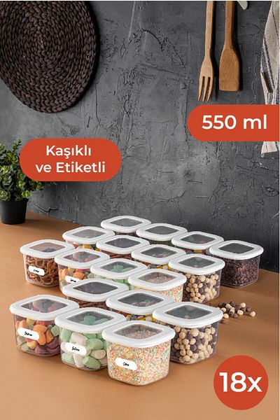 Vienev Foly Square Food Storage Container Set with Labeled Spoon 18 Pieces 0.55 Small Size White