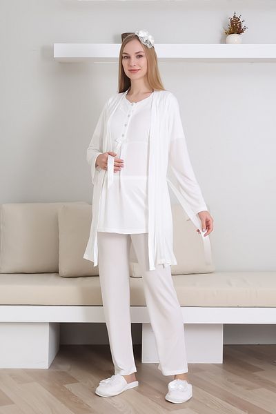 ERDENİZ TEKSTİL Maternity Pajama Set / Short Sleeve Pajama Long Lace Detail Dressing Gown Set / Maternity Cotton Pajama