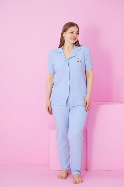 Siyah İnci Blue Wrinkled Crinkle Fabric Knitted Large Size Buttoned Pajama Suit7874