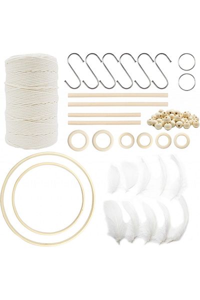 LLGLEU Macrame Cord Creation Set, Rings And Beads, Cotton/wood/feathers, Beige/white, 80 Pieces