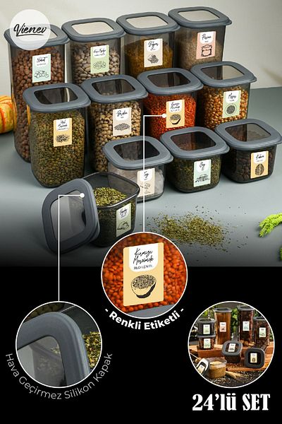 Vienev 24-Piece Foly Square Food Storage Container with Colorful Label 8x (0.55 Liters, 1.2 Liters, 1.75 Liters) Anthracite