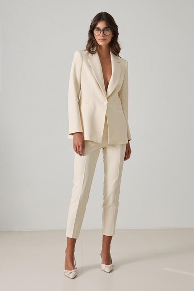 Setre Cream Single Button Detailed Jacket, Slim Fit Trousers Suit with Pocket Detail