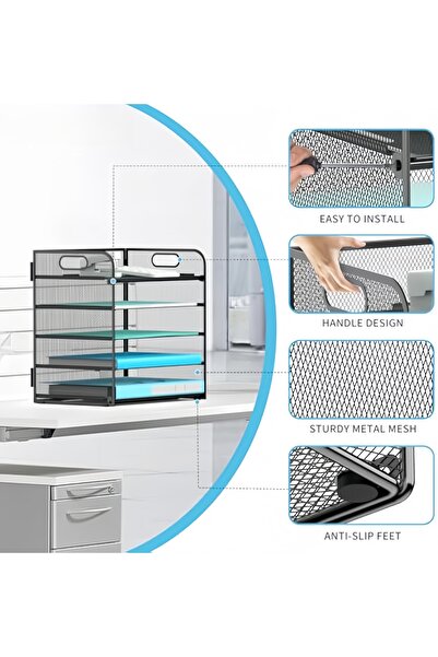 COOYA 5-layer desktop file organizer,durable,non-slip,portable handle,easy to assemble,for office, black