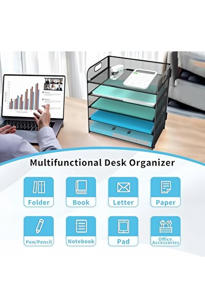 Yelajoy 5-layer desktop file organizer,durable,non-slip,portable handle,easy to assemble,for office, black