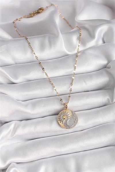 Store 316L Steel Mix Color Chain Zircon Stone Sunrise/Sunset Medallion Model Women's Necklace