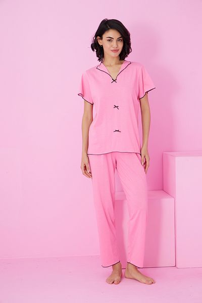 Siyah İnci Pink Bow Knitted Pajama Set7871
