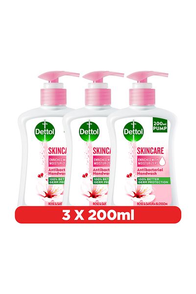 Dettol Skincare Handwash Liquid Soap Pump, Rose & Sakura Blossom Fragrance, 200ml (Pack of 3)