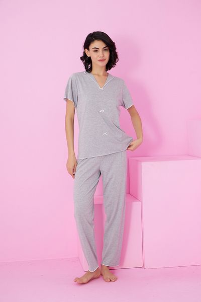 Siyah İnci Gray Bow Knitted Pajama Set7871