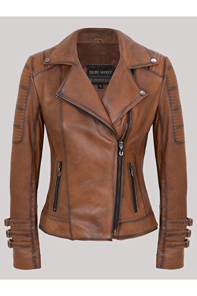 DeriWork Hakiki Kuzu Derisi Fermuarlı Slimfit Kadın Deri Ceket Taba