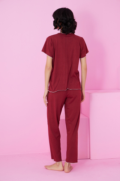 Siyah İnci Claret Red Bow Knitted Pajama Set7871