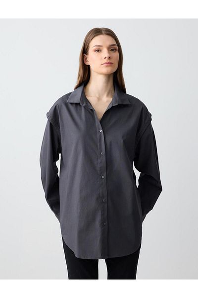 Jimmy Key Anthracite Relaxed Cut Long Sleeve Poplin Woven Shirt