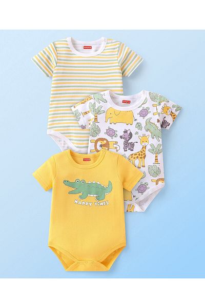 Babyhug بيبي هاج، طقم من 3 قطع، مكون من قطعتين، من القطن المحبوك، بأكمام نصفية، بطبعة حيوانية، متعدد الألوان
